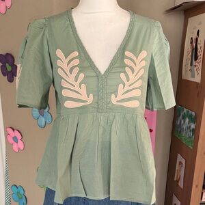 NWT EX VOTO Green Chloe Blouse w Bird Appliqué SZ SM retail $189.00 100%cotton